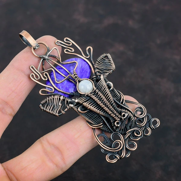 Charoite Oval Purple Handmade Copper Wire Wrapped Pendant
