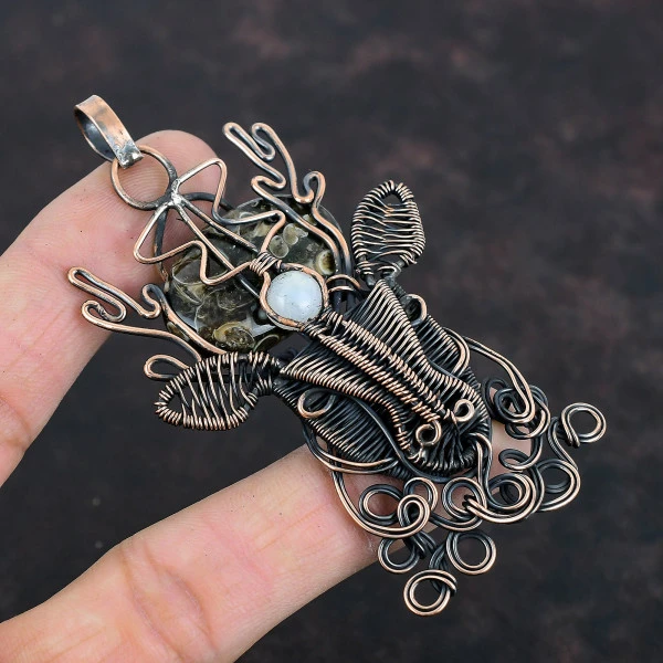Turritella Agate Oval Brown Handmade Copper Wire Wrapped Pendant