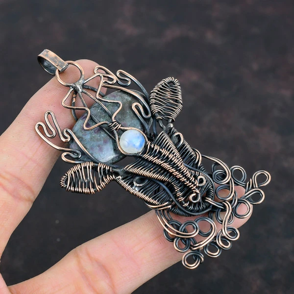 Ruby In Blue Kyanite Oval Blue Handmade Copper Wire Wrapped Pendant