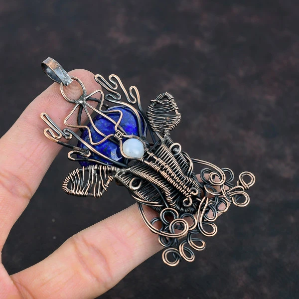 Lapis Lazuli Oval Blue Handmade Copper Wire Wrapped Pendant