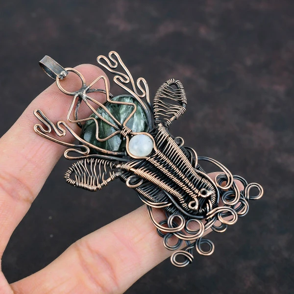 Seraphinite Oval Green Handmade Copper Wire Wrapped Pendant