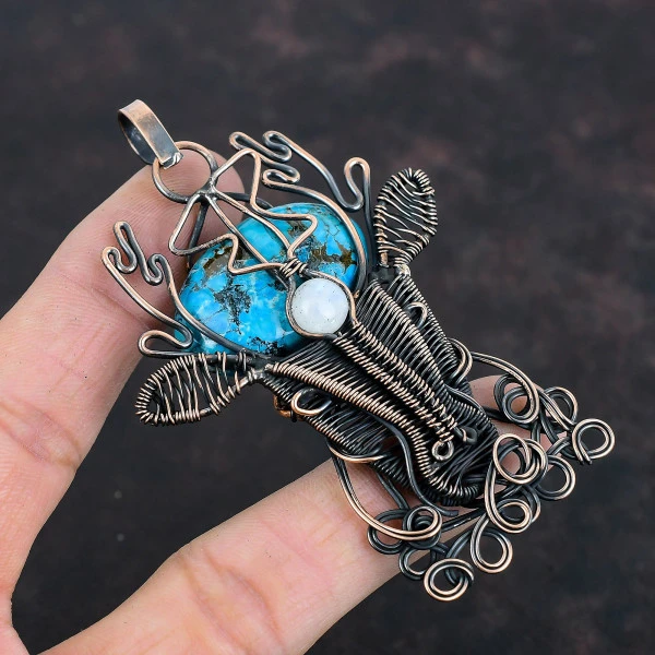 Tibetan Turquoise Oval Blue Handmade Copper Wire Wrapped Pendant