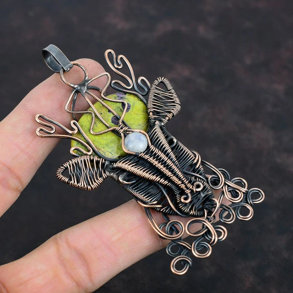 Stichtite Oval Green Handmade Copper Wire Wrapped Pendant