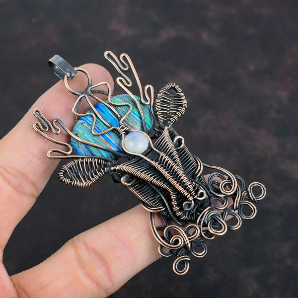 Rainbow Calsilica Oval Blue Handmade Copper Wire Wrapped Pendant