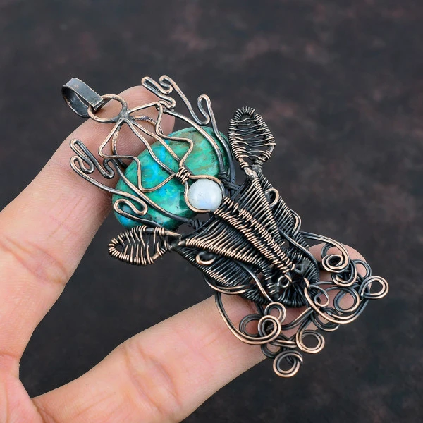Chrysocolla Oval Green Handmade Copper Wire Wrapped Pendant
