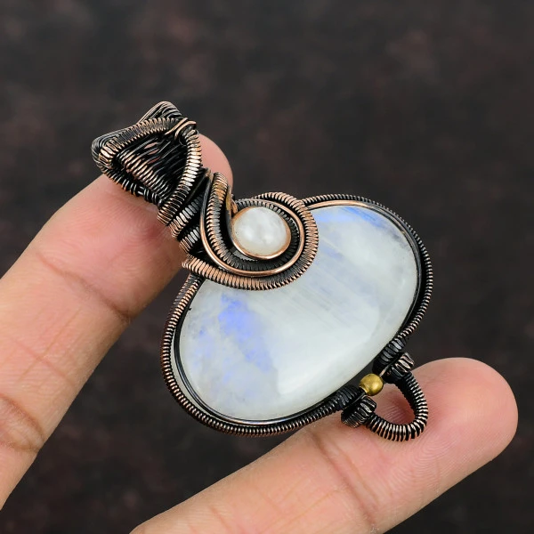 Rainbow Moonstone Oval White Handmade Copper Wire Wrapped Pendant