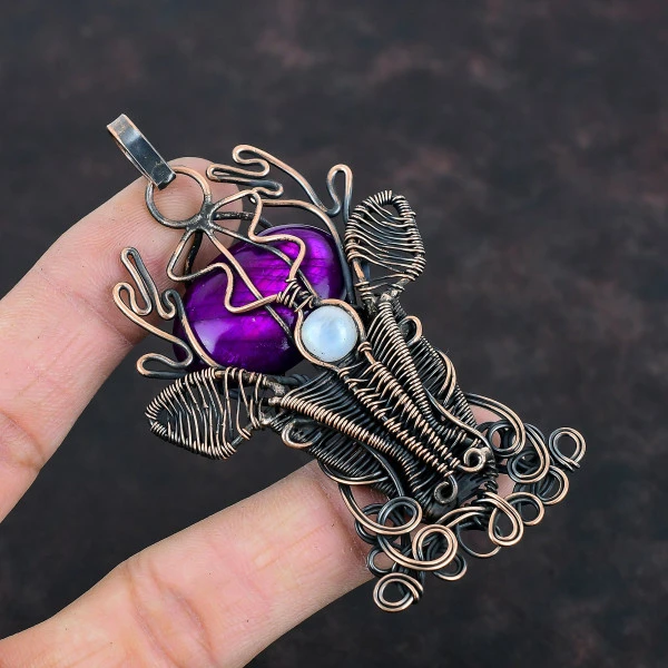 Purple Fire Labradorite Oval Purple Handmade Copper Wire Wrapped Pendant