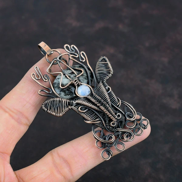 Astrophyllite Oval Black Handmade Copper Wire Wrapped Pendant