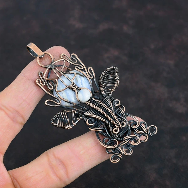Blue Lace Agate Oval Blue Handmade Copper Wire Wrapped Pendant