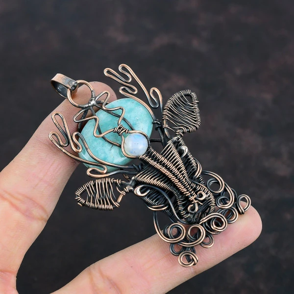 Amazonite Oval Green Handmade Copper Wire Wrapped Pendant