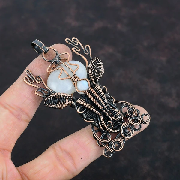 Rainbow Moonstone Oval White Handmade Copper Wire Wrapped Pendant