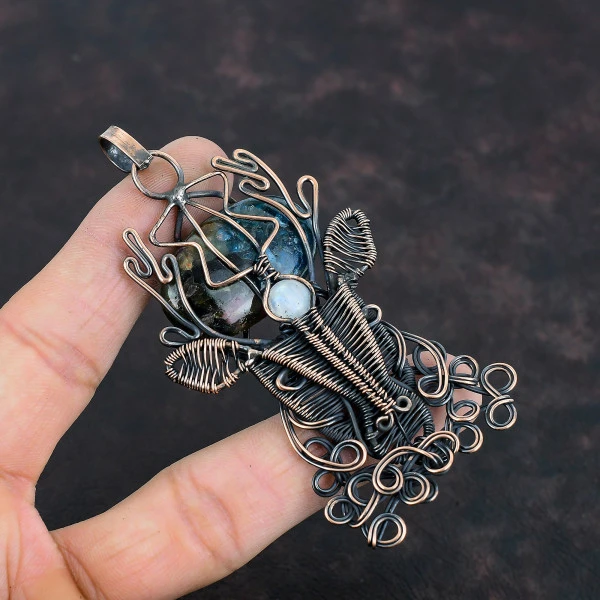 Watermelon Tourmaline Oval Blue Handmade Copper Wire Wrapped Pendant