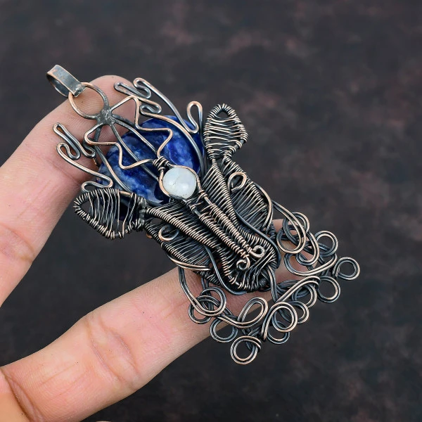 Sodalite Oval Blue Handmade Copper Wire Wrapped Pendant