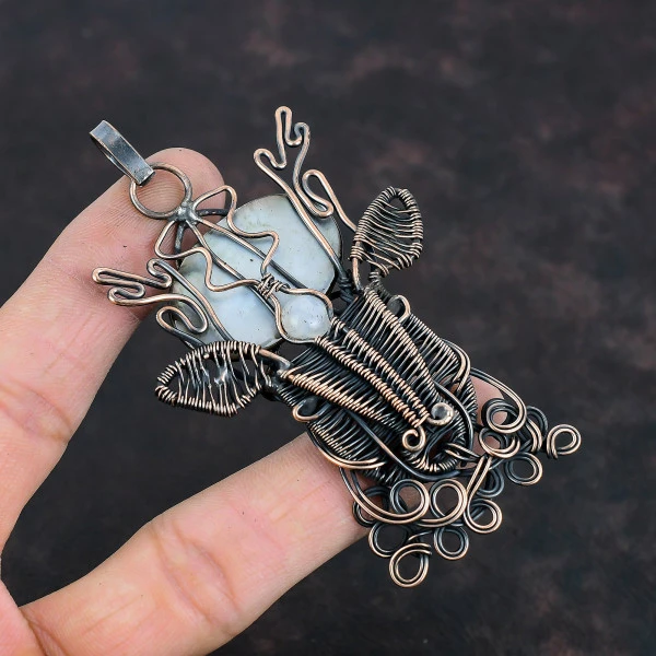 Black Mother Of Pearl Oval Black Handmade Copper Wire Wrapped Pendant