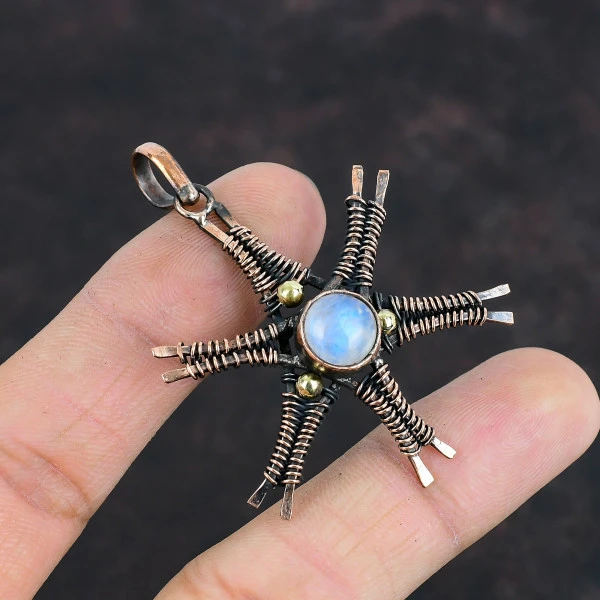 Rainbow Moonstone Round White Handmade Copper Wire Wrapped Pendant