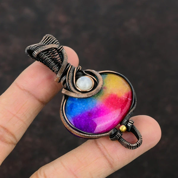 Rainbow Solar Quartz Druzy Oval Pink Handmade Copper Wire Wrapped Pendant