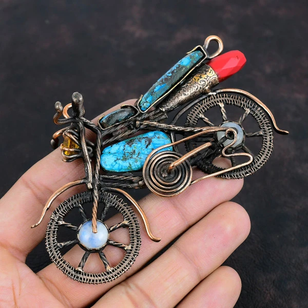 Tibetan Turquoise Radiant Blue Handmade Copper Wire Wrapped Pendant