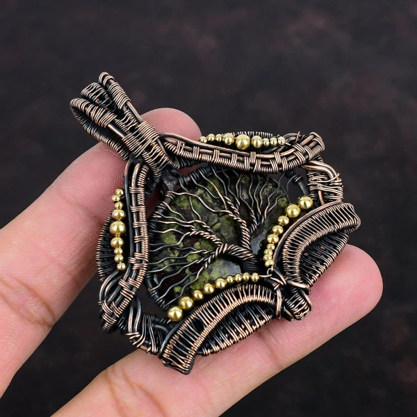 Dragon Bloodstone Oval Green Handmade Copper Wire Wrapped Pendant