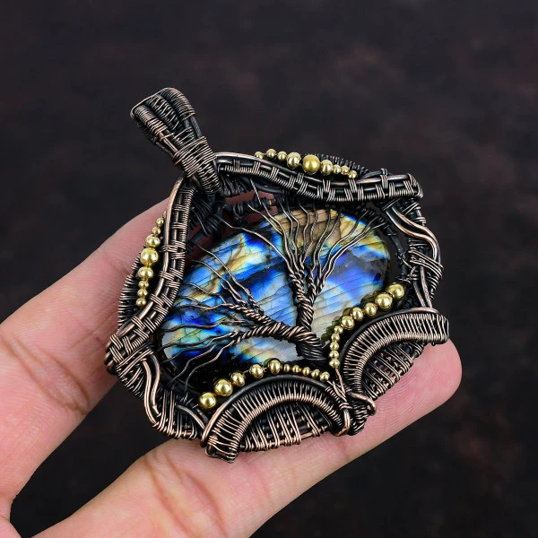 Labradorite Oval Gray Handmade Copper Wire Wrapped Pendant
