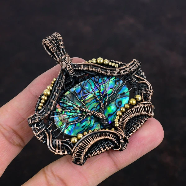 Abalone Shell Oval Green Handmade Copper Wire Wrapped Pendant