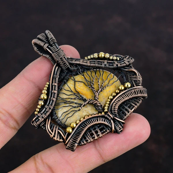 Fossil Coral Oval Yellow Handmade Copper Wire Wrapped Pendant