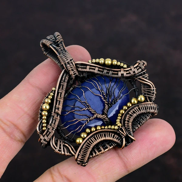 Blue Sapphire Oval Blue Handmade Copper Wire Wrapped Pendant