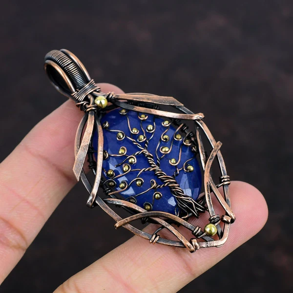Blue Sapphire Oval Blue Handmade Copper Wire Wrapped Pendant