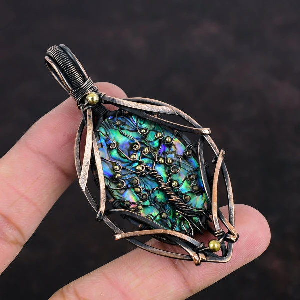 Abalone Shell Oval Green Handmade Copper Wire Wrapped Pendant