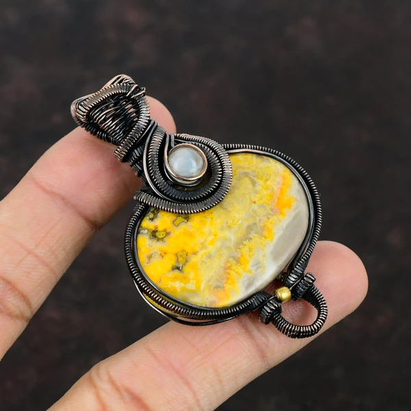 Bumble Bee Jasper Oval Yellow Handmade Copper Wire Wrapped Pendant