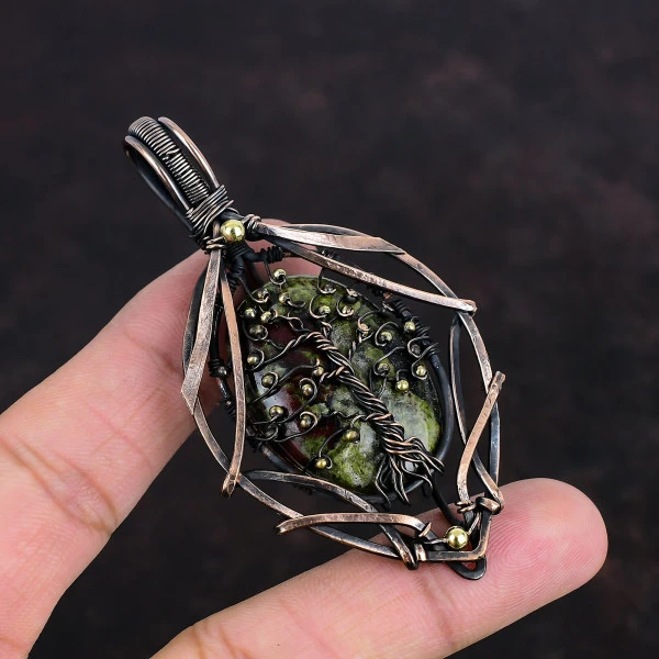 Tree of Life Dragon Bloodstone Pendant – Handmade Copper Wire Wrapped Gemstone Jewelry