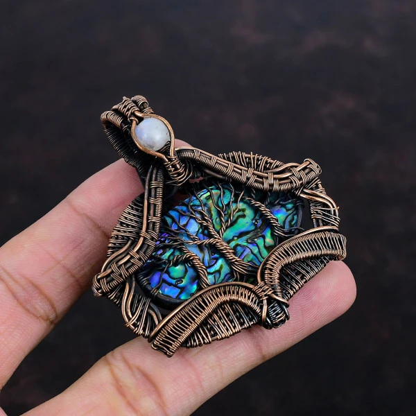 Tree of Life Abalone Shell & Rainbow Moonstone Pendant – Handmade Copper Wire Wrapped Gemstone Jewelry