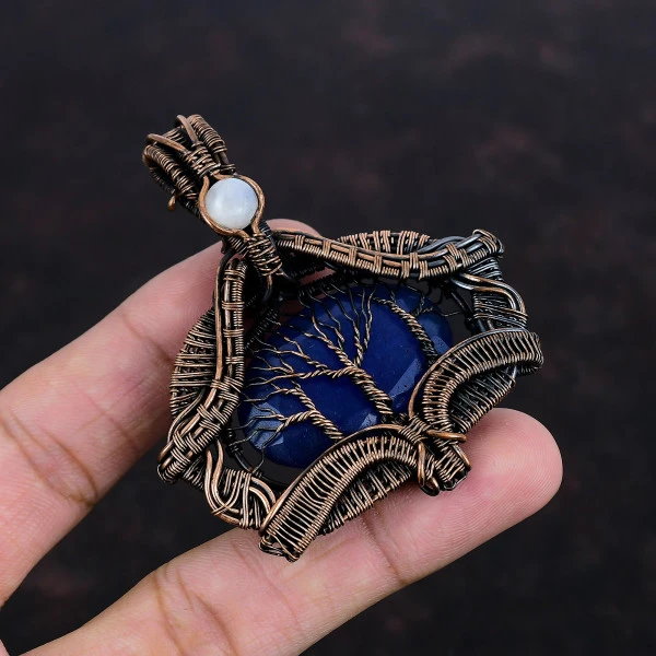 Tree of Life Blue Sapphire & Rainbow Moonstone Pendant – Handmade Copper Wire Wrapped Gemstone Jewelry