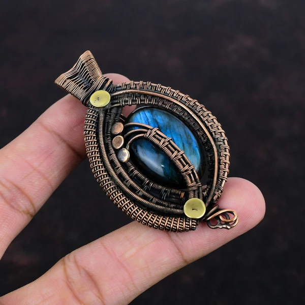 Labradorite Copper Wire Wrapped Pendant – Handmade Designer Gemstone Jewelry Gift for Her