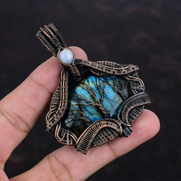 Tree of Life Labradorite & Rainbow Moonstone Copper Wire Wrapped Pendant – Handmade Spiritual Jewelry Gift