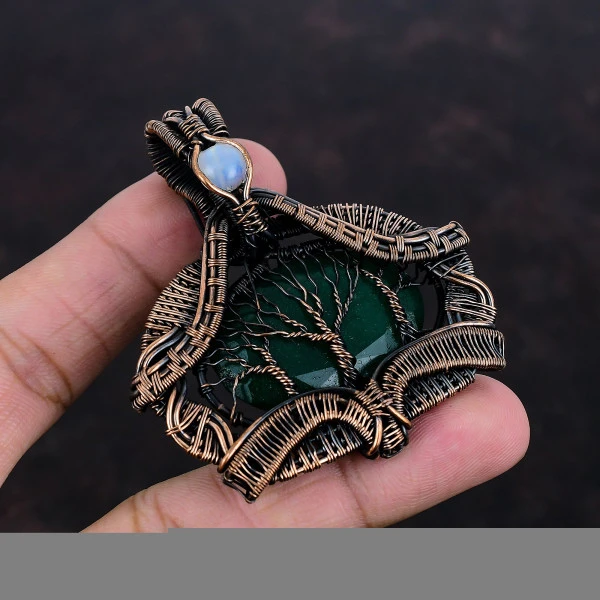 Tree of Life Zambian Emerald & Rainbow Moonstone Copper Wire Wrapped Pendant – Handmade Spiritual Jewelry Gift