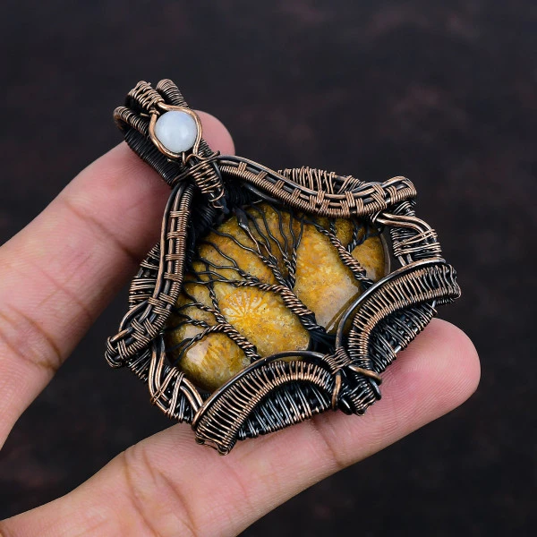 Tree of Life Fossil Coral & Rainbow Moonstone Copper Wire Wrapped Pendant – Handmade Spiritual Jewelry Gift for Him
