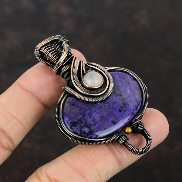 Charoite Oval Purple Handmade Copper Wire Wrapped Pendant