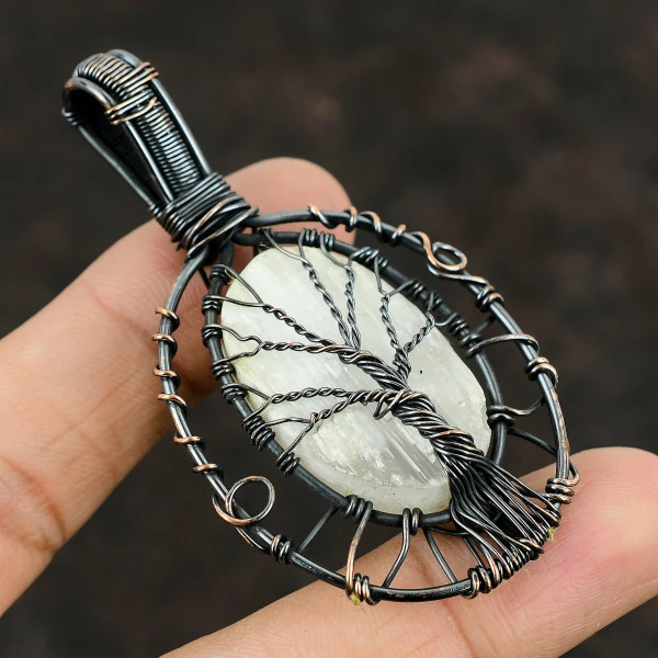 Selenite Druzy Oval White Handmade Copper Wire Wrapped Pendant