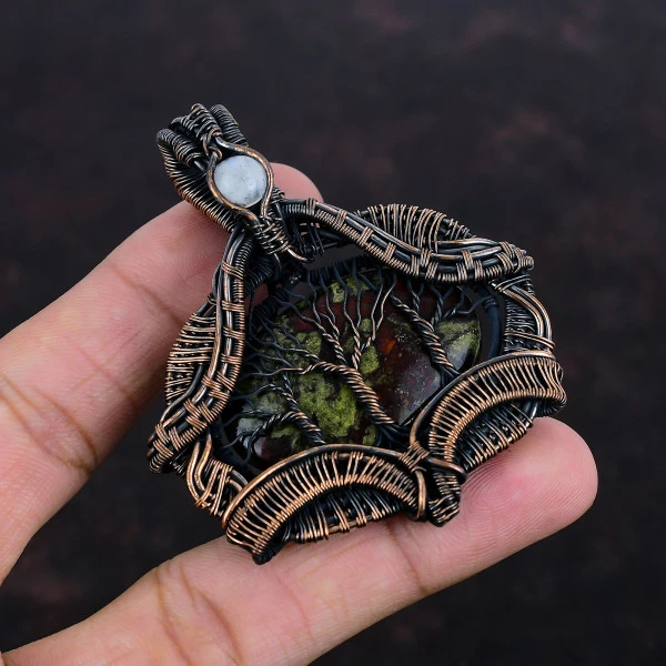 Tree of Life Dragon Bloodstone & Rainbow Moonstone Copper Wire Wrapped Pendant – Handmade Gemstone Jewelry Wedding Gift