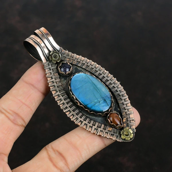 Handmade Labradorite, Mahogany Obsidian & Blue Sunstone Copper Wire Wrapped Pendant – Unique Gemstone Jewelry Gift for Her