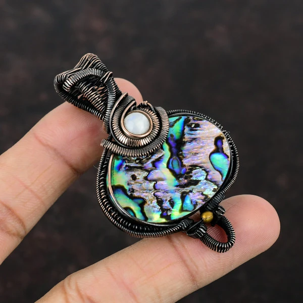 Abalone Shell Oval Blue Handmade Copper Wire Wrapped Pendant