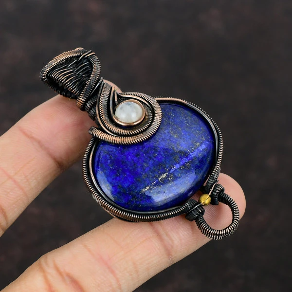 Lapis Lazuli Oval Blue Handmade Copper Wire Wrapped Pendant