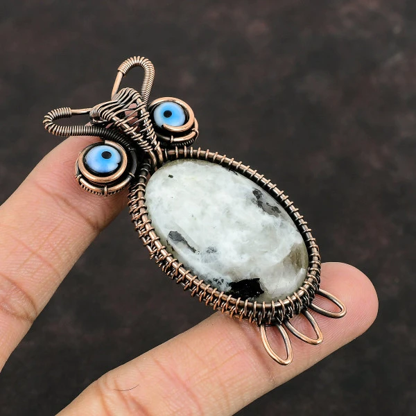Rainbow Moonstone Oval White Handmade Copper Wire Wrapped Pendant