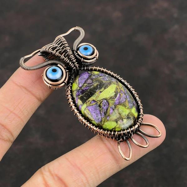 Copper Stichtite Oval Green Handmade Copper Wire Wrapped Pendant