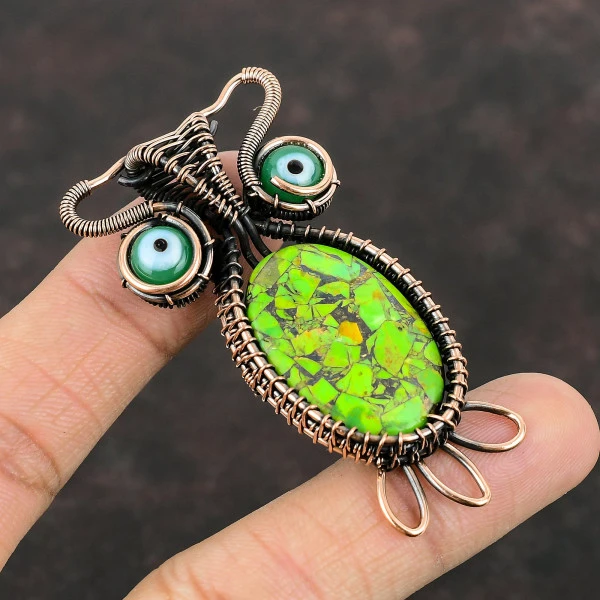 Copper Green Turquoise Oval Green Handmade Copper Wire Wrapped Pendant