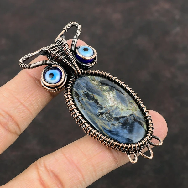 Pietersite Oval Blue Handmade Copper Wire Wrapped Pendant
