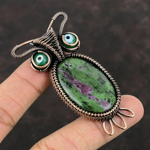 Ruby Zoisite Oval Green Handmade Copper Wire Wrapped Pendant