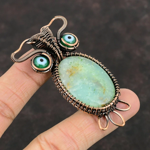 Chrysoprase Oval Green Handmade Copper Wire Wrapped Pendant