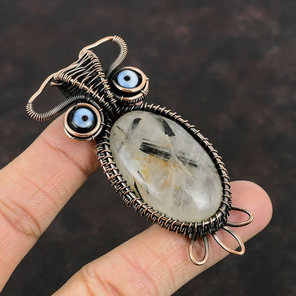 Black Rutile Oval White Handmade Copper Wire Wrapped Pendant