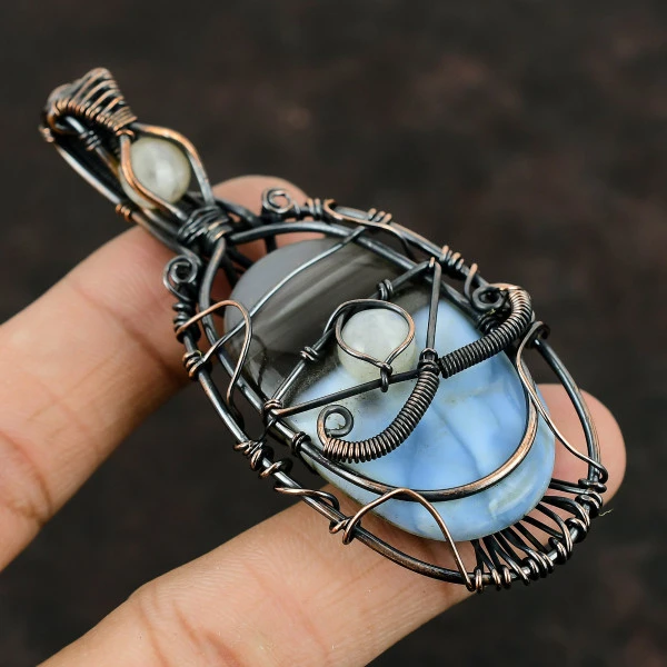 Owyhee Blue Opal Oval Blue Handmade Copper Wire Wrapped Pendant